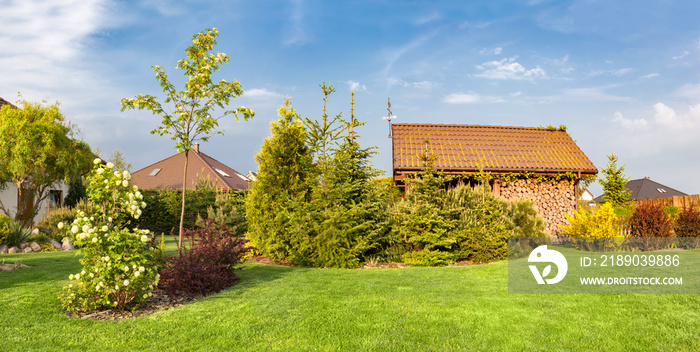 Backyard of a family house. Landscaped garden with green mown grass, wood shelter.