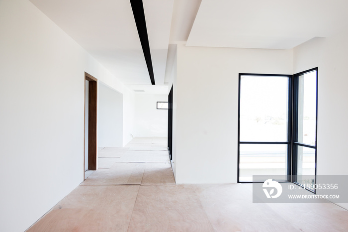 Empty room interior build wall gypsum board white colur and Air conditioner in construction site