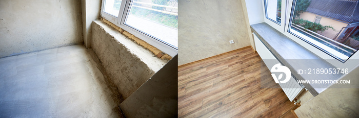 Room in apartment before and after renovation works, old and new window sill, wood textured laminate