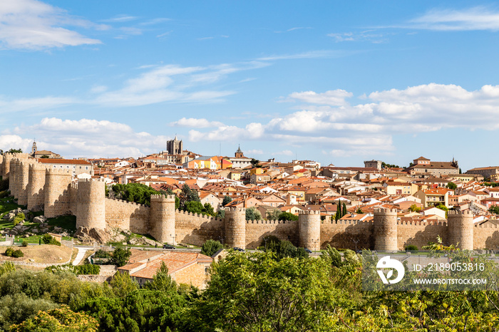 Panoramic view of the historic city of Avila from the Mirador of Cuatro Postes, Spain, with its famo