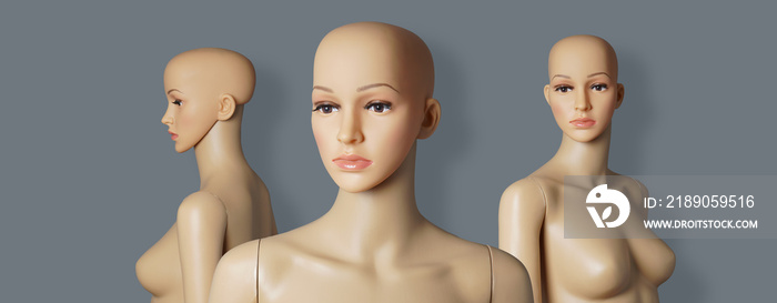 一组3个裸体和秃头的商店橱窗人体模型或逼真面孔的展示假人