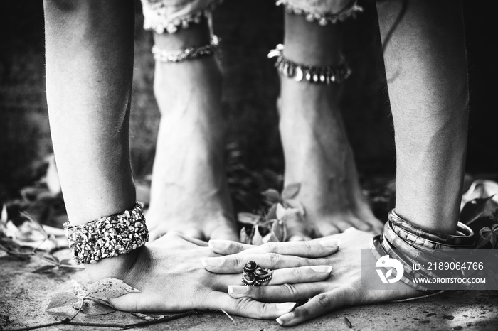 closeup of woman feet in yoga position outdoor