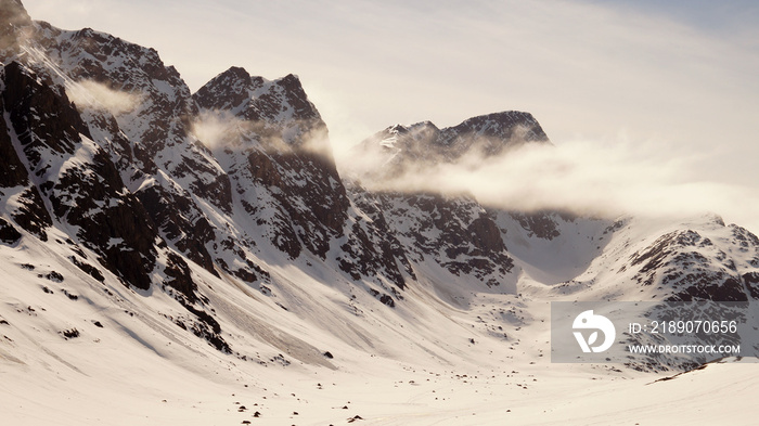 Snow hiking on the Arctic Circle Trail between Kangerlussuaq and Sisimiut in Greenland.