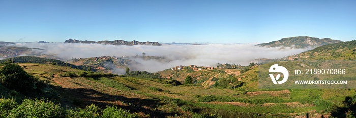 High resolution panorama - typical Madagascar landscape at Alakamisy Ambohimaha region fog rolls ove