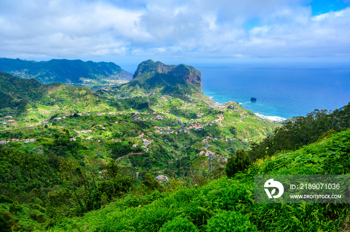 Landscape scenery from Portela Viewpoint - Porto da Cruz at beautiful coast and mountains in the nor