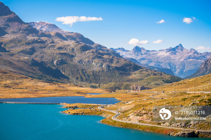 Looking over the three lakes at The Bernina Pass (Graubünden, Switzerland): Lago Bianco, Lej Nair an