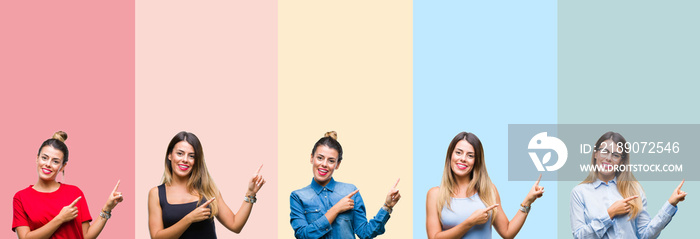 Collage of young beautiful woman over colorful stripes isolated background smiling and looking at th