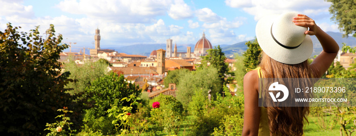 Spring in Florence, Italy. Back view of beautiful girl visiting the Renaissance city of Florence, pa