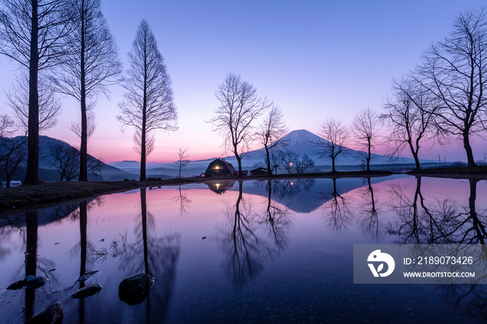 landscape blue sky fumoto para camping ground and fuji mountain with tree reflections at morning fuj