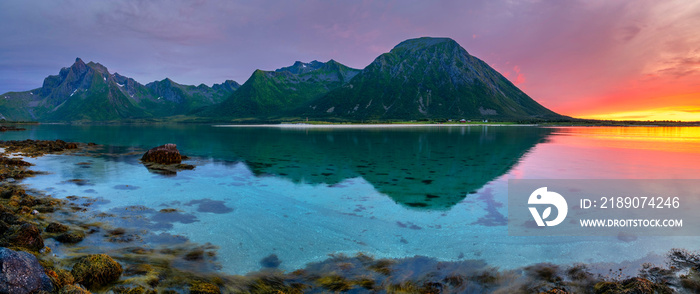 Colourful sunset over Norwegian fjords in Lofoten Archipelago, Lofoten, Norway.