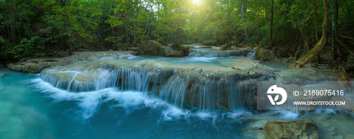 Panoramic beautiful deep forest waterfall in Thailand