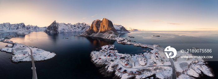 Panorama aerial view of archipelago of arctic ocean with fishing village in winter