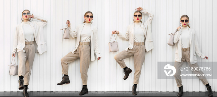 Set of fashionable young woman on light background