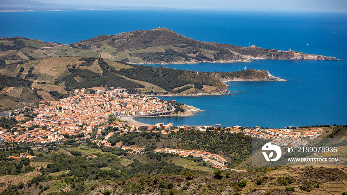 view of the sea and mountains, Banyuls and his jagged sea coast