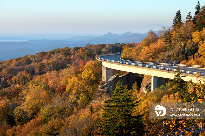 Lynn Cove Viaduct on the North Carolina Blue Ridge Parkway displayed in peak leaf color