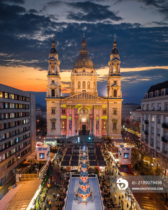 Budapest, Hungary - Aerial drone view of Europes most beautiful Christmas market with the illuminat