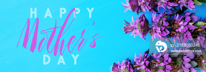 Happy Mothers Day banner with bright blue background and purple flower blooms.