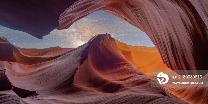 Abstract and structure Antelope Canyon. Stars and milky way. Travel and tourism concept