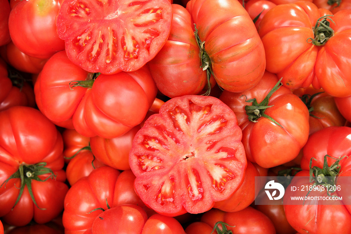 Close up ripe tomatoes at local market in southern Spain