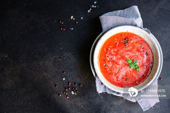 tomato soup carrots or peppers vegetable gazpacho portion in plate on the table serving size top vie