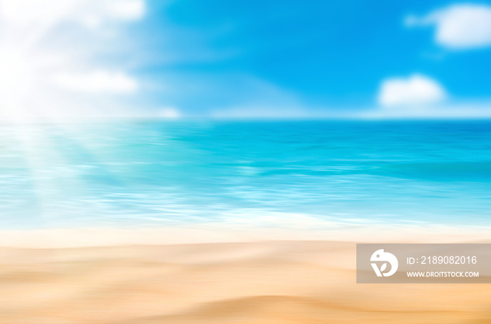 Blur tropical beach with bokeh sun light wave abstract background.