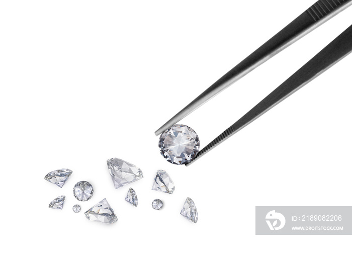 brilliant cut diamond held by tweezers