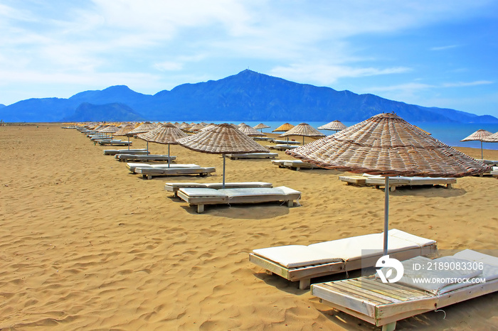 Sun loungers on a famous Iztuzu beach in Turkey