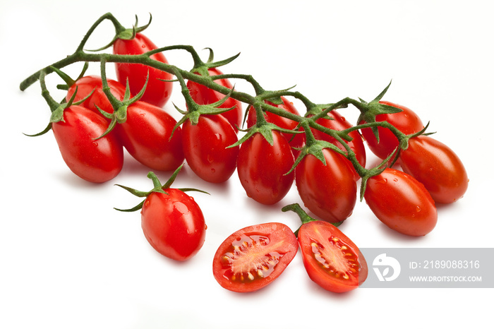 Bunch of Plum Tomatoes with Water Droplets, Ingredient, Sliced –  Datterino  Variety – Close-Up Isol