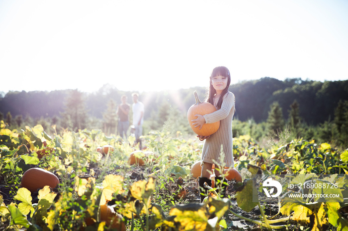 Portrait of girl (6-7) with pumpkin