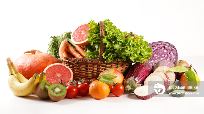 fruit and vegetable in wicker basket isolated on  white background