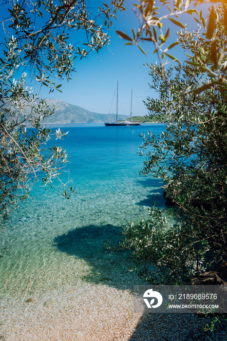 Olive leaf frame with mediterranen bay and Luxury yacht . Summer beach vacation relaxation retreat g