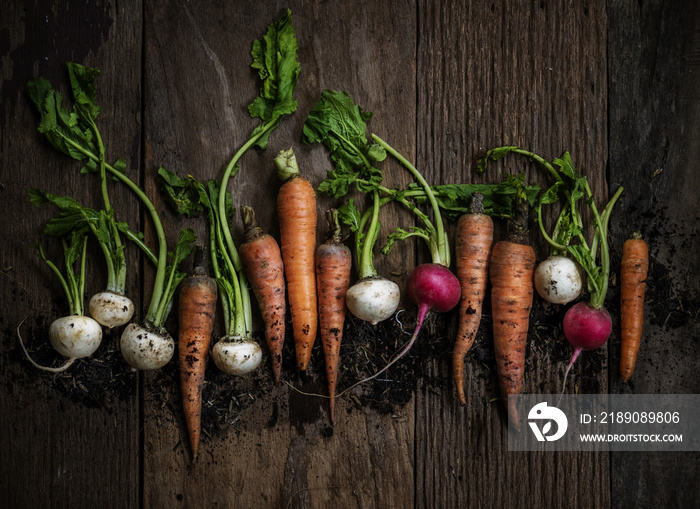 Aerial view of carrots and beets on wooden table