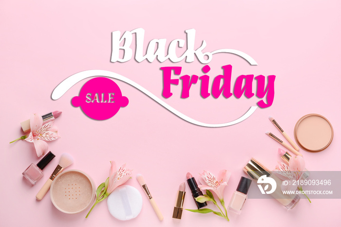 Set of decorative cosmetics on color background. Black Friday sale