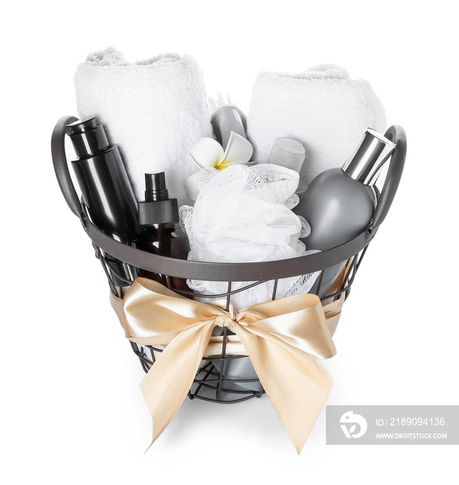 Gift basket with bathroom supplies on white background