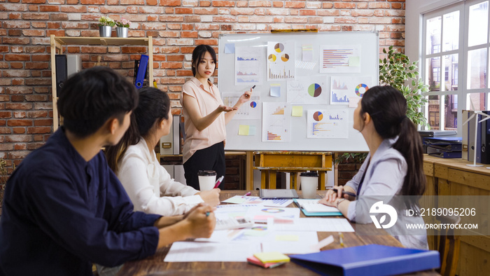 Female trainer invite willing worker come to flipchart present idea. asian man and women colleagues 