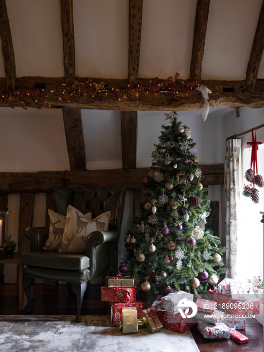 Christmas tree with presents in living room