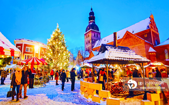拉脱维亚冬季里加圆顶大教堂广场的夜城景观和圣诞集市。降临节D