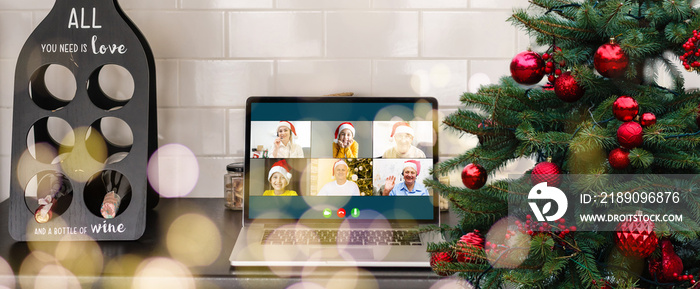 Virtual Christmas day house party. video conferencing Young man having video call via computer in th