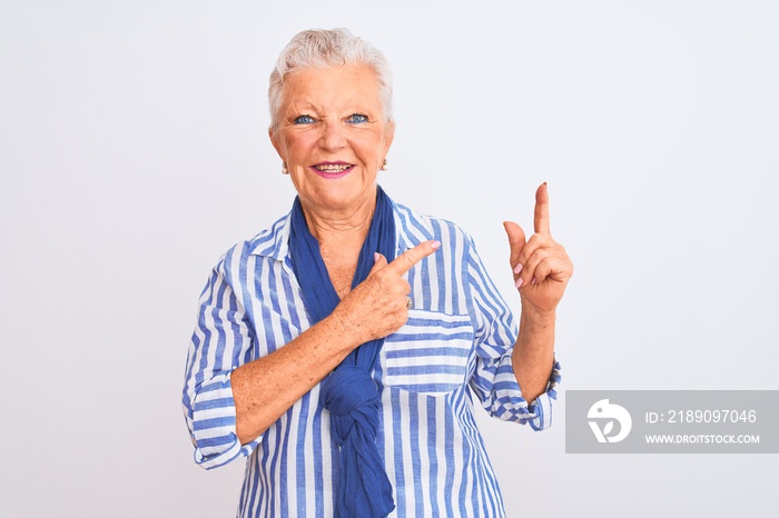 Senior grey-haired woman wearing blue striped shirt standing over isolated white background smiling 