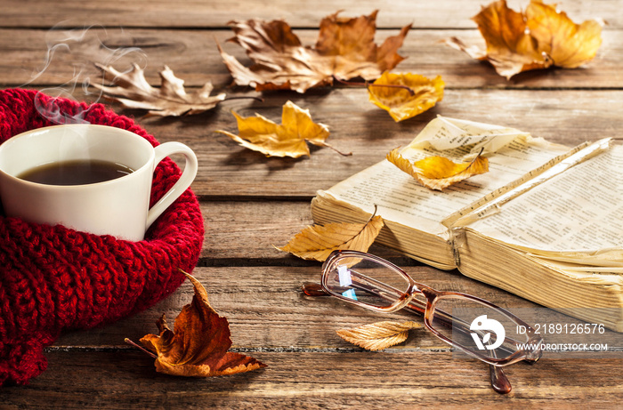 热咖啡、书、眼镜和木板上的秋叶