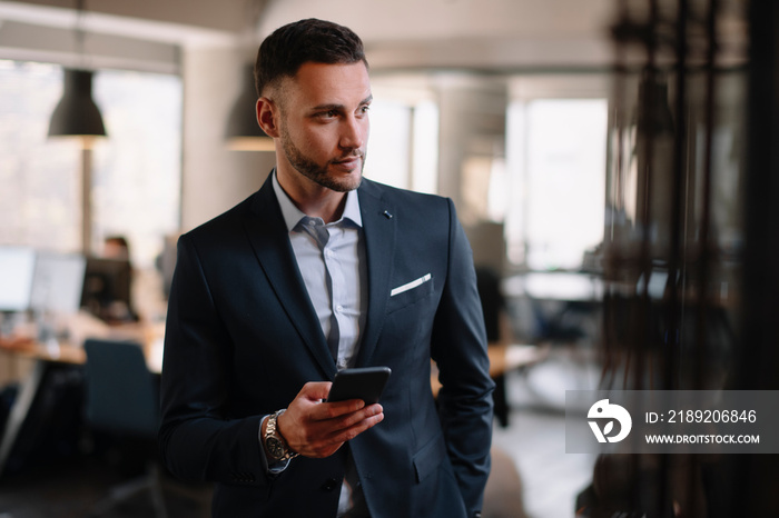 Portrait of handsome businessman. Man using phone.