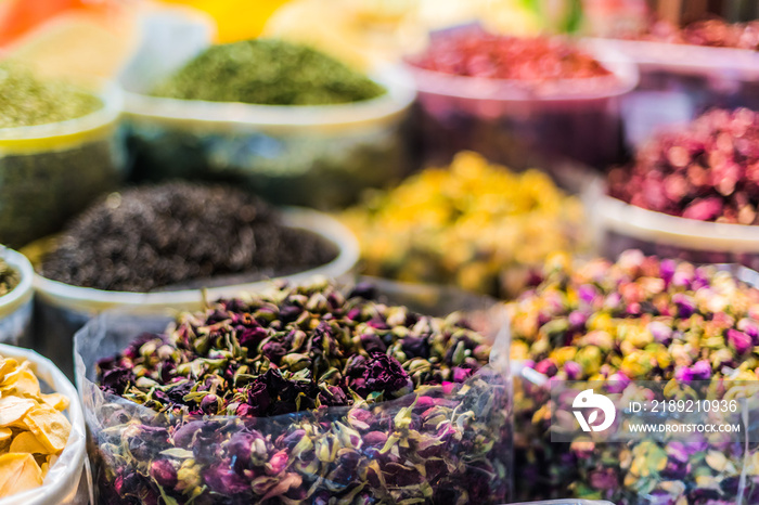 Spices and herbs on the arab street market stall