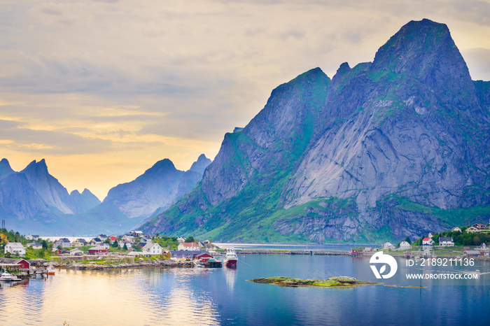 Fjord and mountains landscape. Lofoten islands Norway