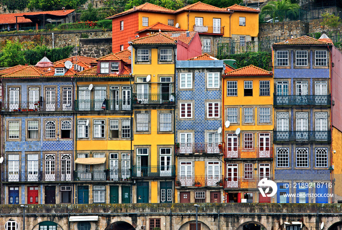 Facades at the Ribeira, the most beautiful neighborhood of Porto city, Portugal. Some of the facades