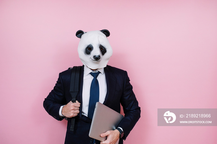 Man with laptop and wearing panda mask against pink wall