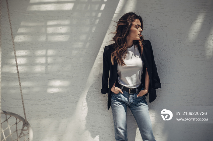 Fashion Portrait of Stylish Pretty Brunette Young Woman Outdoor