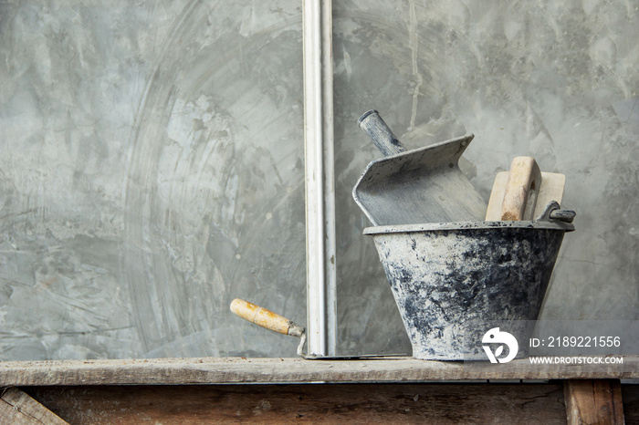 Set Plastering tools concrete to build wall with Gyan plaster, trowel concrete in basket on scaffold