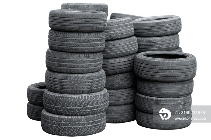 old used car tire stack pile isolated on white background