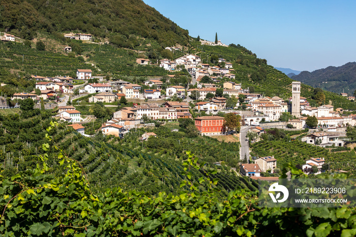 Valdobbiadene和Con之间普罗塞克起泡酒产区风景如画的山丘和葡萄园