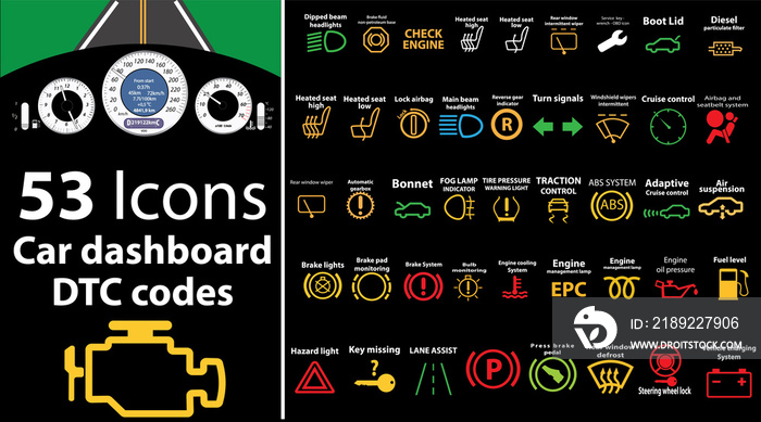 53块图标-汽车仪表板、dtc代码、错误消息、检查发动机、故障、仪表板矢量图
